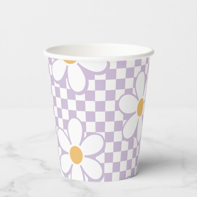 Retro Chequered Lilac Daisy birthday Paper Cups (Back)
