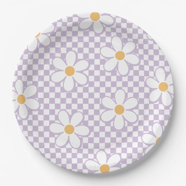 Retro Chequered Lilac Daisy birthday Paper Plate (Front)