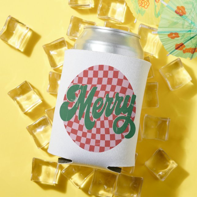 Retro Chequered Merry Christmas  Can Cooler (In Situ Summer)
