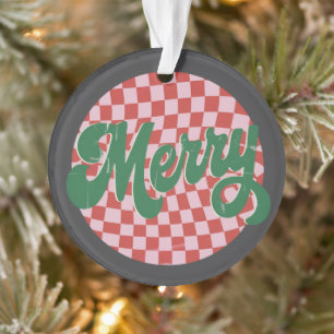 Retro Chequered Merry Christmas Ornament