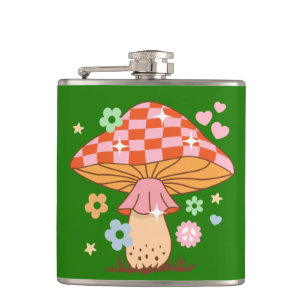 Retro Chequered Mushroom Disco Ball Hippie Hip Flask
