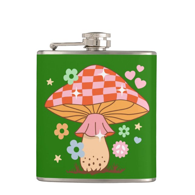Retro Chequered Mushroom Disco Ball Hippie Hip Flask (Front)