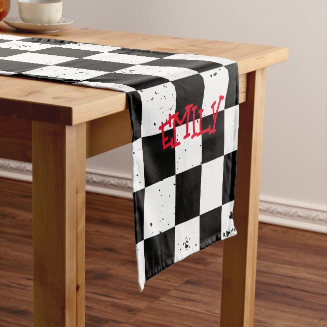  Retro Chequered Pattern black & white  Short Table Runner (In Situ)
