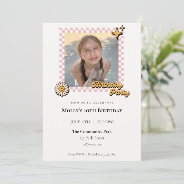 Retro Chequered Photo Birthday Invitation (Standing Front)