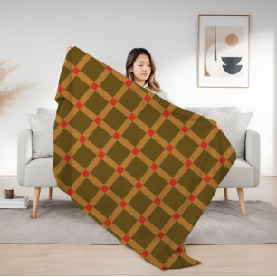 Retro Chequered Plaid Pattern in Brown, Gold, Red Fleece Blanket
