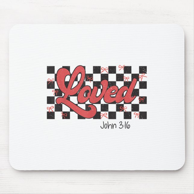 Retro Chequered Varsity Christian Valentines Loved Mouse Mat (Front)