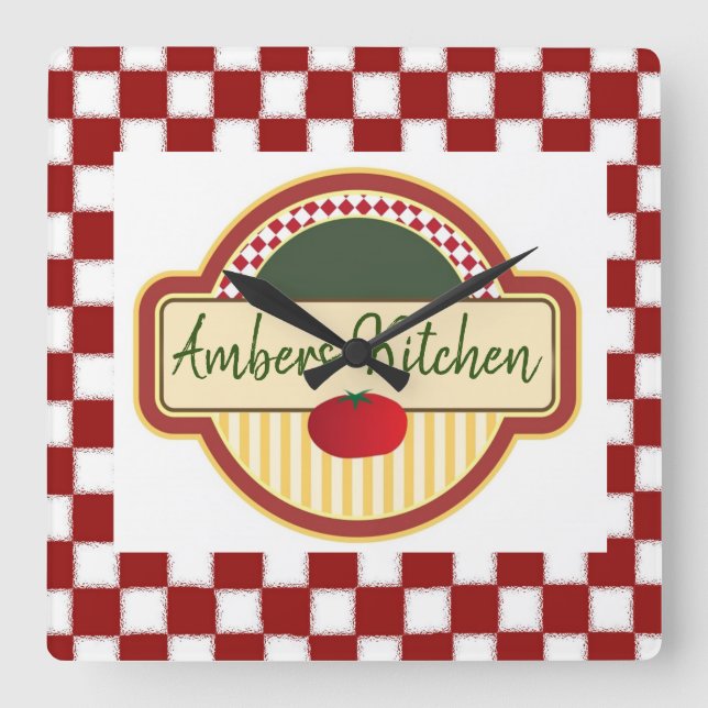 Retro Chequered with Tomato Square Wall Clock (Front)