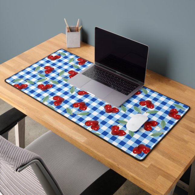 Retro Cherries And Blue Gingham Desk Mat (Office 2)