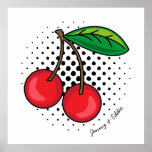 Retro Cherries Comic Book Food Pop Art Poster<br><div class="desc">Funky retro popart style print of a red cherries illustration,  over a circle of halftone black dots. Editable text wraps around the bottom corner of the artwork,  for you to customise with names or a message</div>