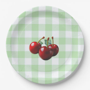 Retro Cherries fresh picked green gingham Paper Plate