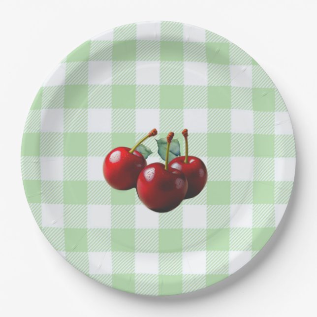 Retro Cherries fresh picked green gingham Paper Plate (Front)