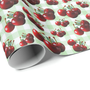 Retro Cherries fresh picked green gingham Wrapping Paper
