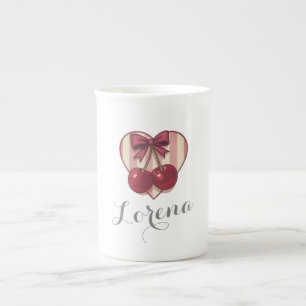 Retro Cherries Heart Design with Bow Cute Vintage Bone China Mug