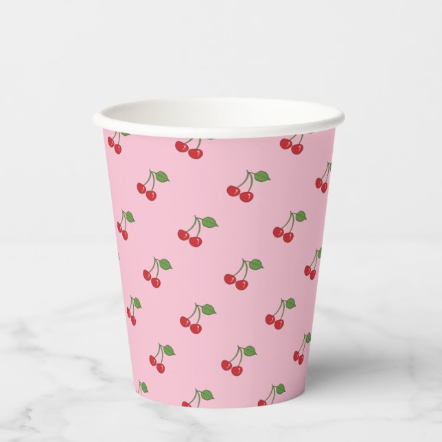 Retro Cherries Pattern Pink Paper Cup (Front)