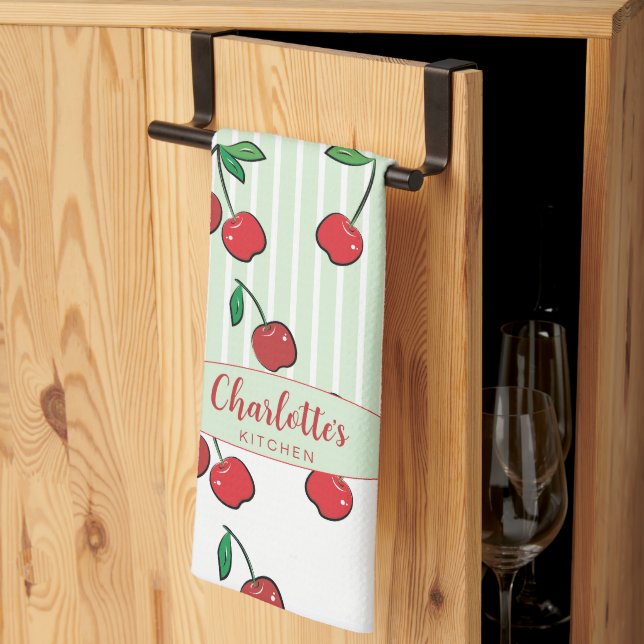 Retro Cherries Red White Green Modern Stripe  Tea Towel (Thirds Fold)