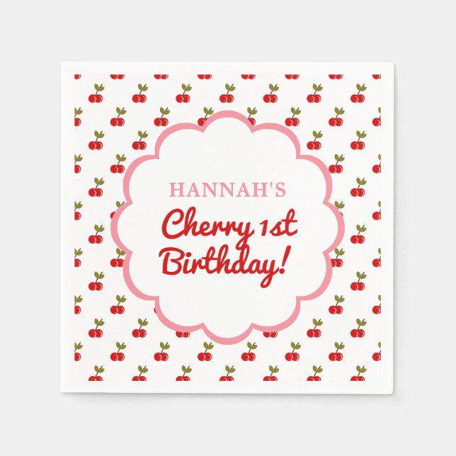 Retro Cherry 1st Birthday Photo Party  Napkin (Front)