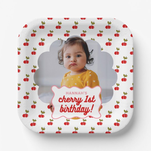 Retro Cherry 1st Birthday Photo Party  Paper Plate (Front)