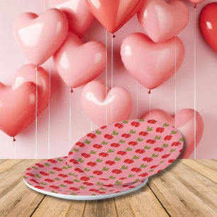 Retro Cherry Berry 1st Birthday Red and green Paper Plate