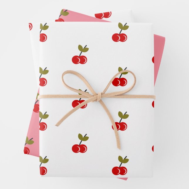 Retro Cherry Berry 1st Birthday Red and green Wrapping Paper Sheet (In situ)