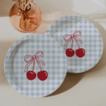 Retro Cherry Blue Gingham Birthday