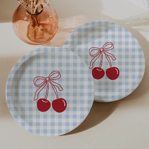 Retro Cherry Blue Gingham Birthday Paper Plate