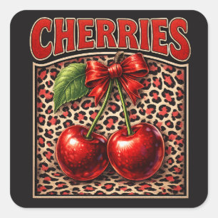 Retro Cherry Coquette Trendy Bow Design on Leopard Square Sticker