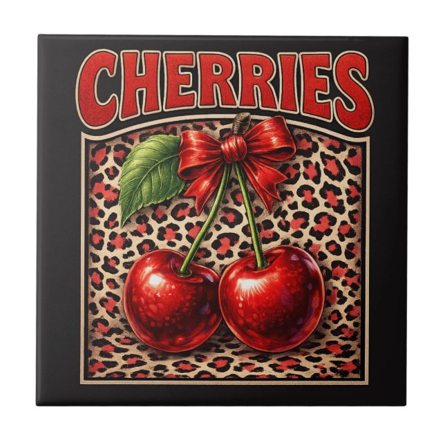 Retro Cherry Coquette Trendy Bow Design on Leopard Tile (Front)