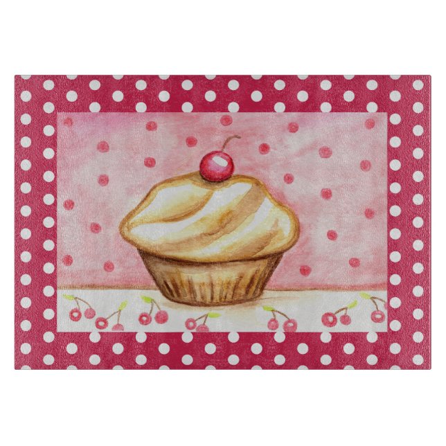 Retro Cherry Cupcake Kitchen Cutting Board Gift (Front)