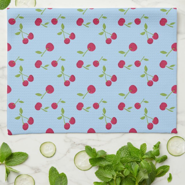 Retro Cherry Cute Farmhouse Blue Tea Towel (Folded)