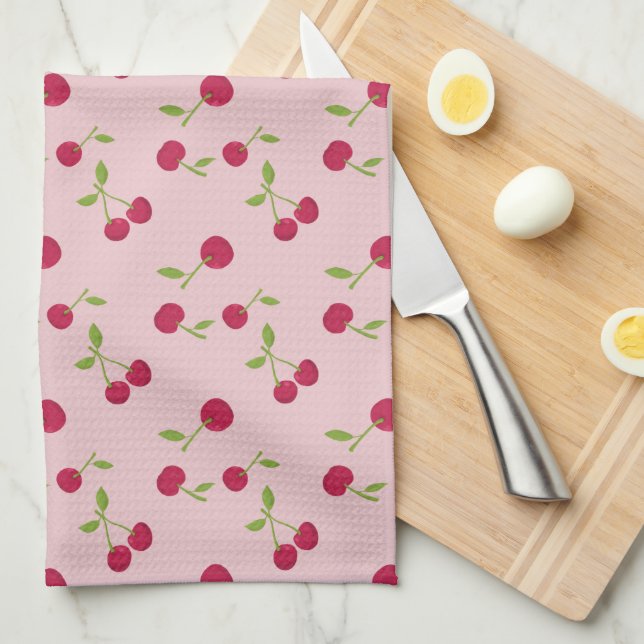 Retro Cherry Cute Farmhouse Pink Tea Towel (Quarter Fold)