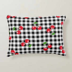 Retro Cherry Gingham Cute Red & Black Chequered Decorative Cushion