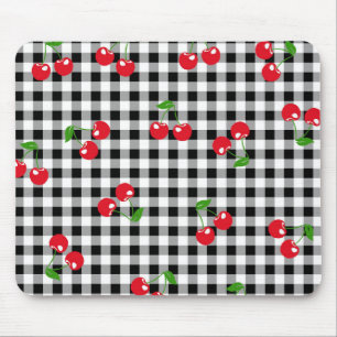 Retro Cherry Gingham Cute Red & Black Chequered  Mouse Mat