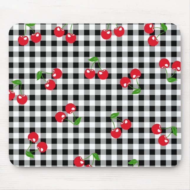 Retro Cherry Gingham Cute Red & Black Chequered  Mouse Mat (Front)