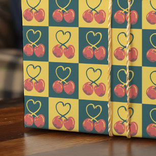 Retro Cherry Heart Shaped Stems Teal Mustard Check Wrapping Paper