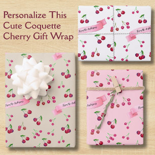 Retro Cherry Pattern Cute Coquette Sweet Treats Wrapping Paper Sheet