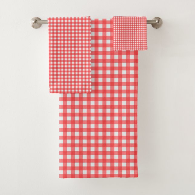 Retro Cherry Red Gingham Plaid Pattern Bath Towel Set (Insitu)