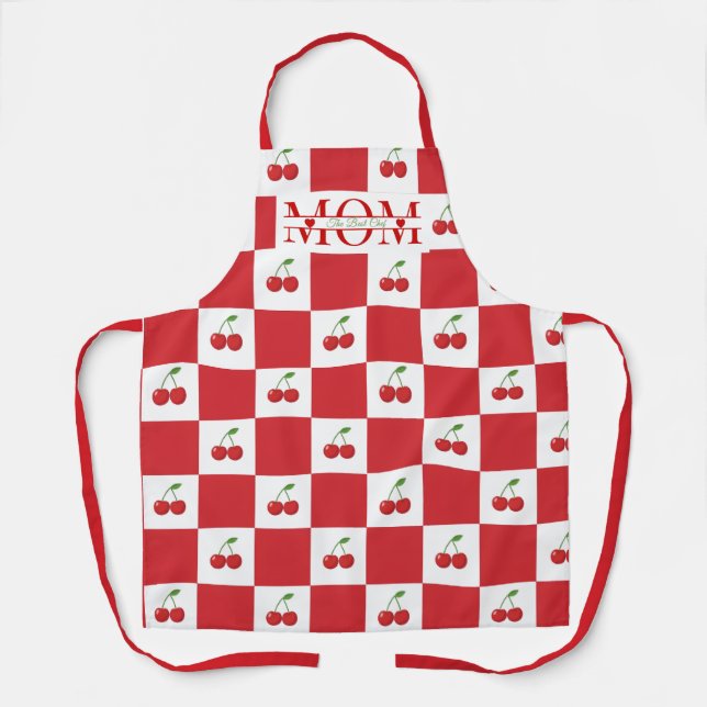 Retro Cherry Red & White  Gingham Custom Mum  Apron (Front)