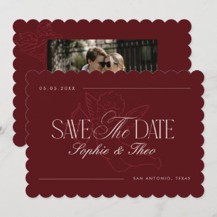 Retro Cherub Scalloped Edge Burgundy Wedding Save The Date