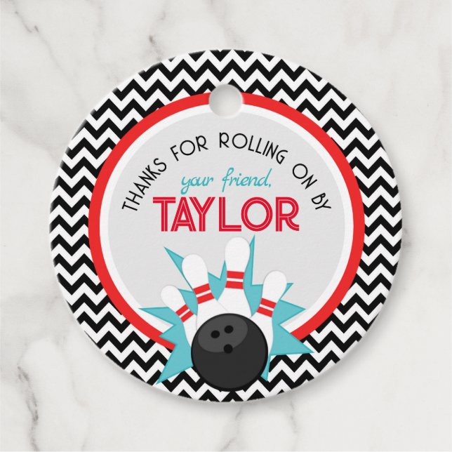 Retro Chevron Bowling Birthday Favour Tags (Front)
