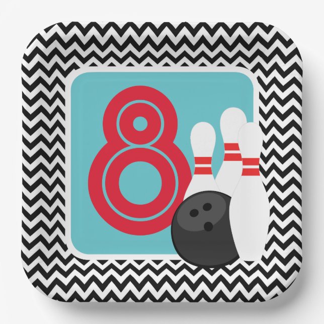 Retro Chevron Bowling Birthday Paper Plates (Front)