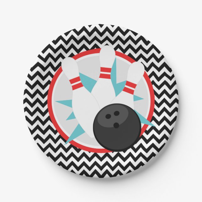 Retro Chevron Bowling Paper Party Plates (Front)