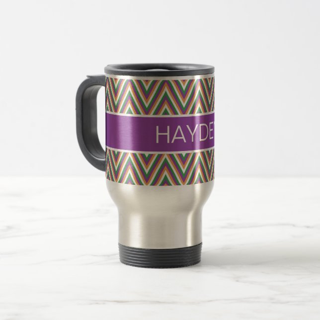 Retro Chevron Pattern Cool Personalised Travel Mug (Front Left)