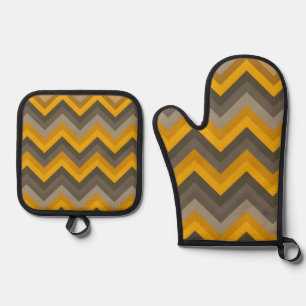Retro Chevron Pattern Mustard Yellow Gray Oven Mitt & Pot Holder Set