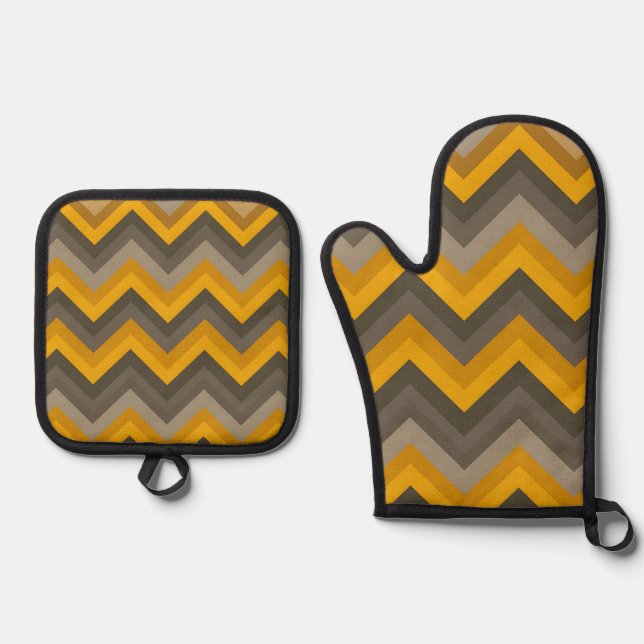 Retro Chevron Pattern Mustard Yellow Gray  Oven Mitt & Pot Holder Set (Front)