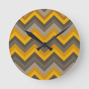 Retro Chevron Pattern Mustard Yellow Gray  Round Clock