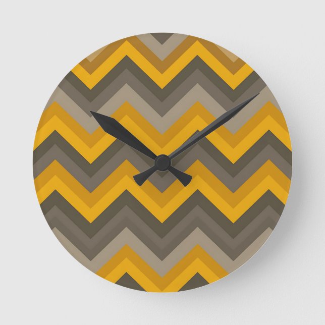 Retro Chevron Pattern Mustard Yellow Gray  Round Clock (Front)