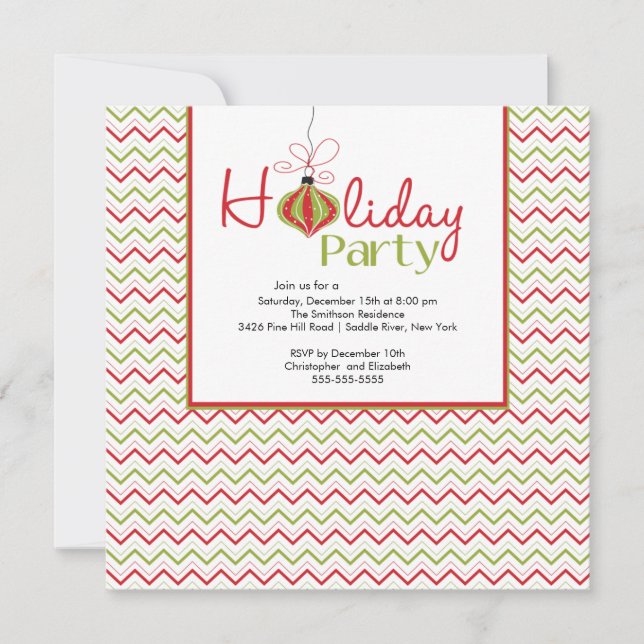 Retro Chevron Red & Green Holiday Party Invitation (Front)