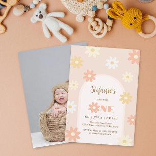 Retro Chic Bohemian Daisy 1st Birthday Baby Photo Invitation