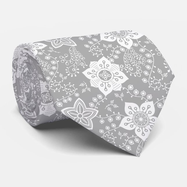 Retro Chic Classy White Flowers Art Pattern Tie (Rolled)