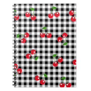 Retro Chic Cute Red Cherry Black White Gingham Notebook